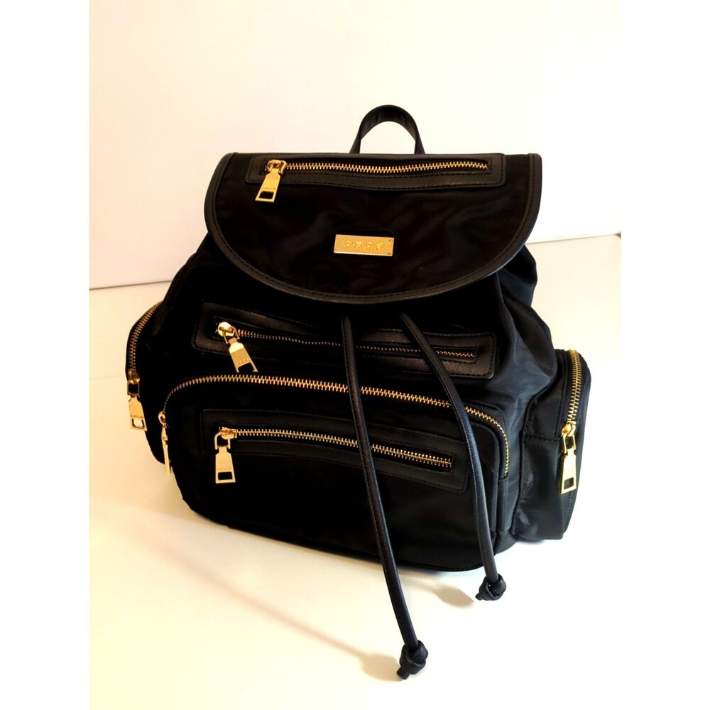 Gorgeous Blk Bebe Backpack Purse Elegant Gold Plate Zipper 100% 7 Zip Pockets